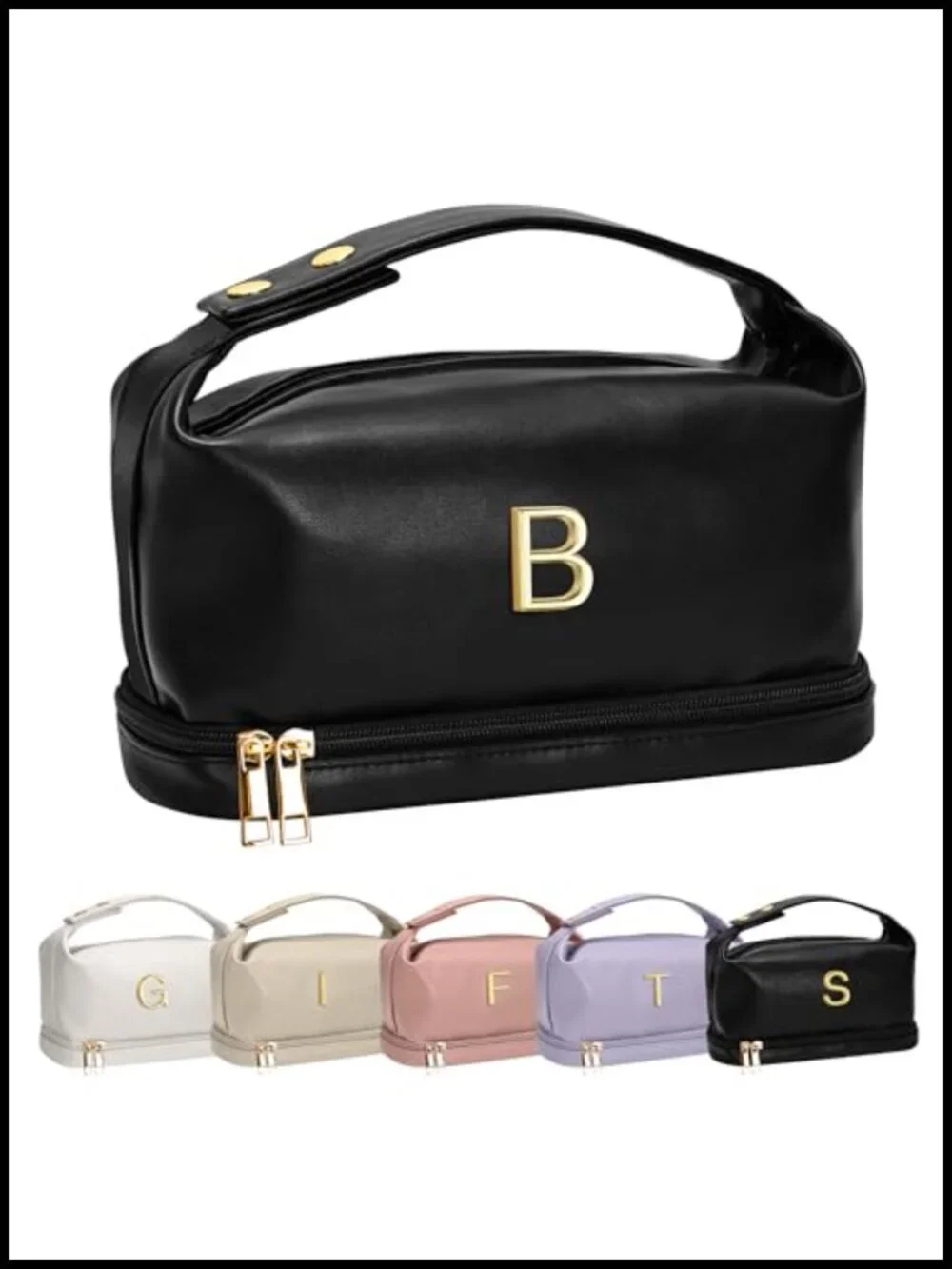 Personalized PU Leather Makeup Bag with Handle, Double-Layer Cosmetic Case